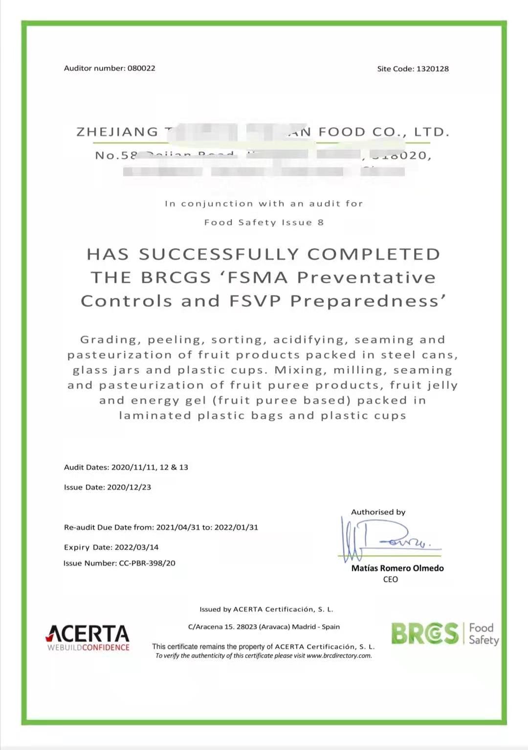 恭喜浙江XXX食品有限公司順利獲得BRC、IFS、FSMA證書(shū)！