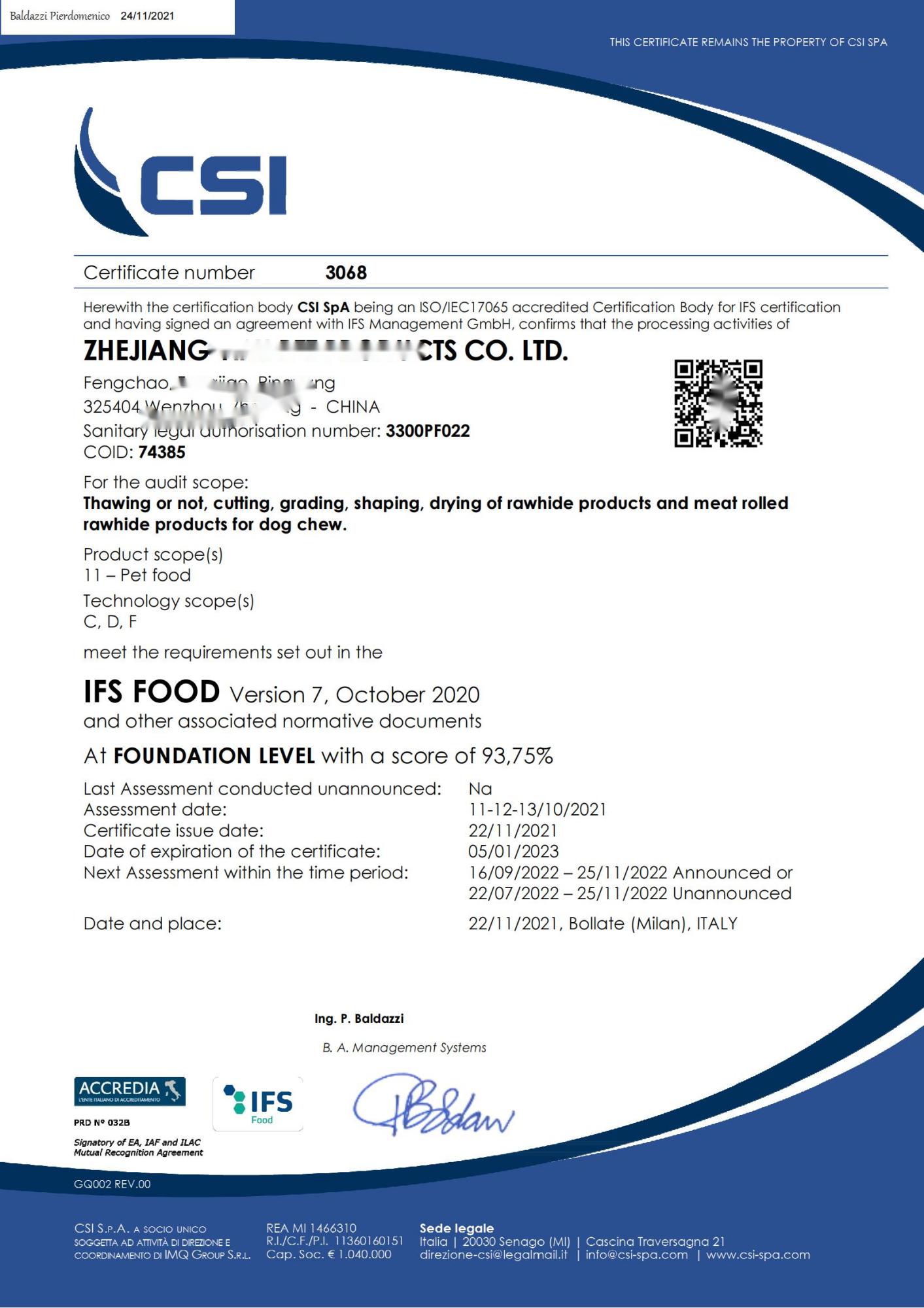 恭喜浙江XXX食品有限公司順利獲得BRC、IFS認(rèn)證證書(shū)！